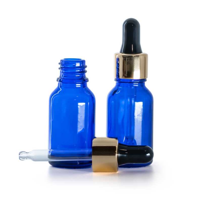 Frasco de vidrio, azul, cuentagotas negro dorado, 15 ml