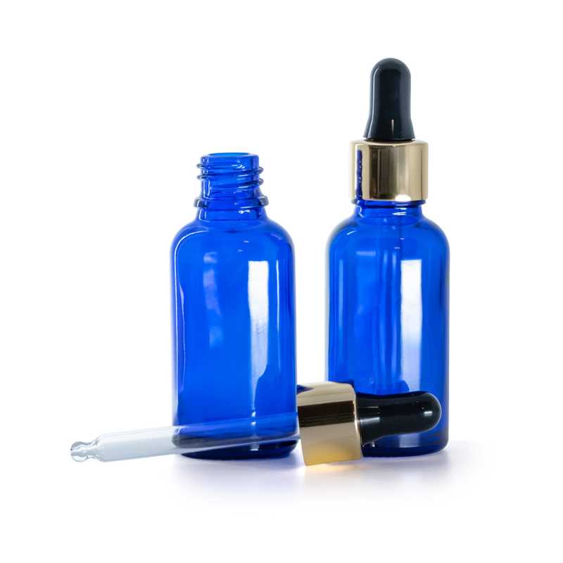 Botella de vidrio, azul, cuentagotas negro dorado, 30 ml