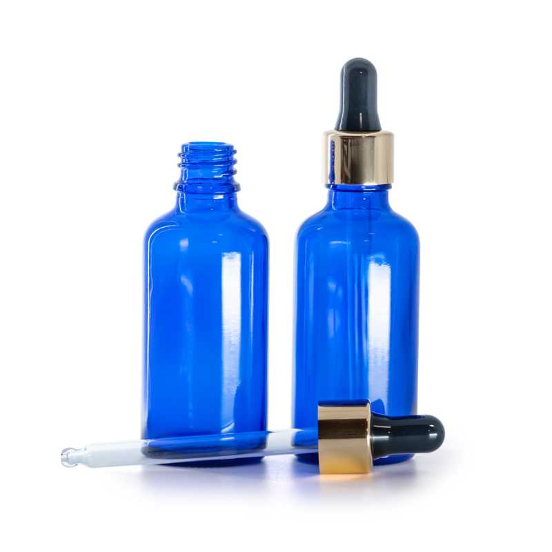Frasco de vidrio, azul, cuentagotas negro y dorado, 50 ml