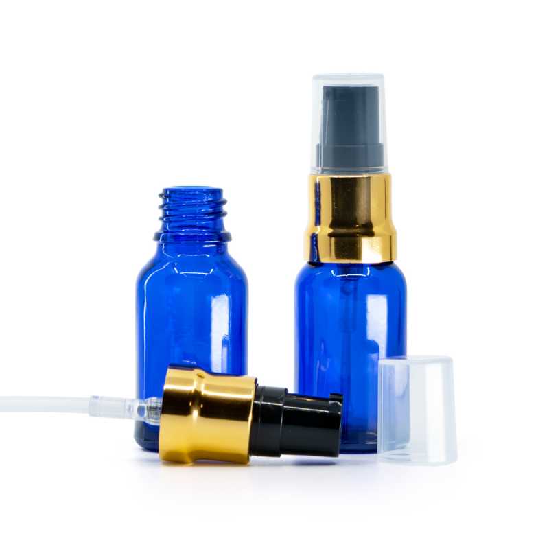 Frasco de vidrio, azul, dosificador negro y dorado brillante con tapa transparente, 15 ml
