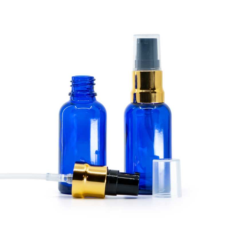 Botella de vidrio, azul, dosificador negro y dorado brillante con tapa transparente, 30 ml