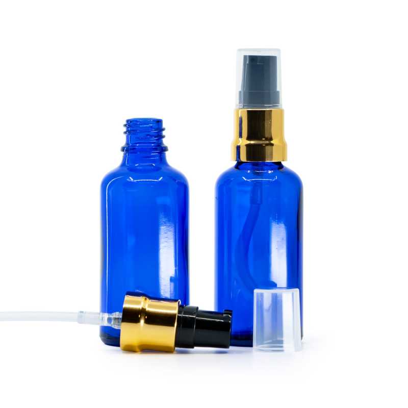 Botella de vidrio azul, dosificador negro dorado brillante con tapón transparente, 50 ml