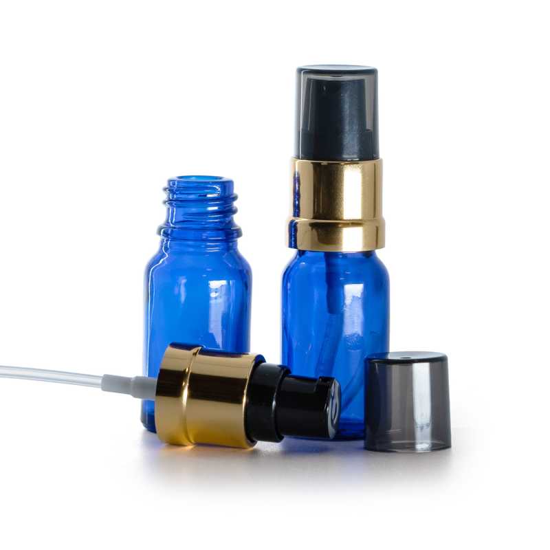 Frasco de vidrio azul, dispensador negro y dorado brillante con sobretapa ahumada, 10 ml