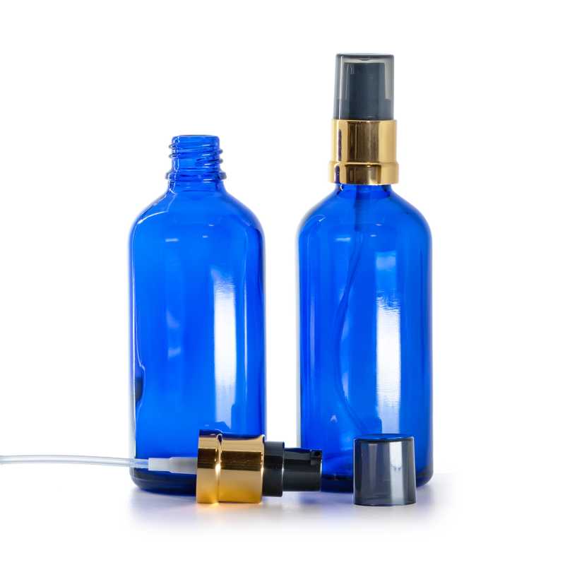 Frasco de vidrio azul, dispensador negro y dorado brillante con sobretapa ahumada, 100 ml