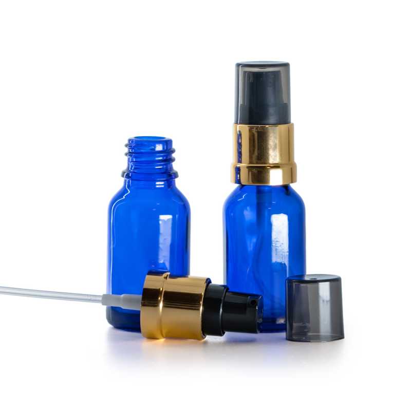 Frasco de vidrio azul, dispensador negro y dorado brillante con sobretapa ahumada, 15 ml