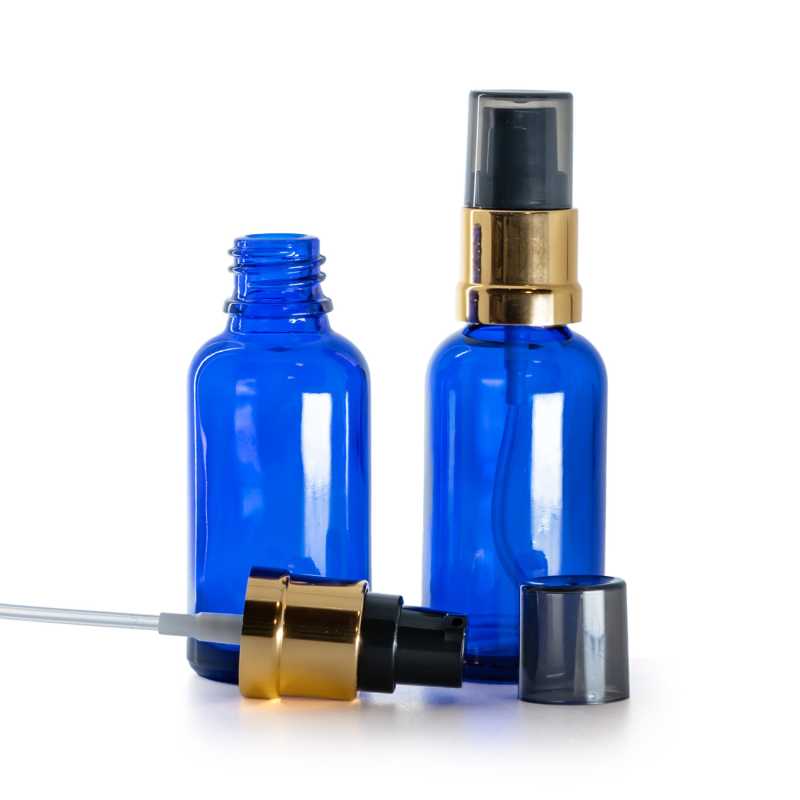 Frasco de vidrio azul, bomba negra y dorada brillante con sobretapa ahumada, 30 ml