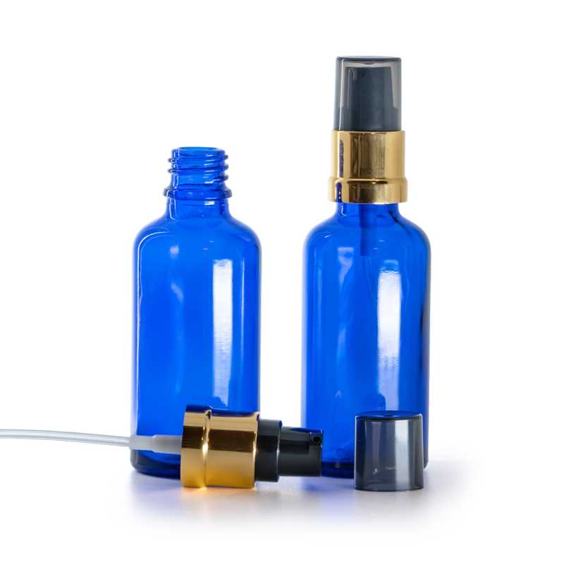 Frasco de vidrio azul, bomba negra y dorada brillante con sobretapa ahumada, 50 ml