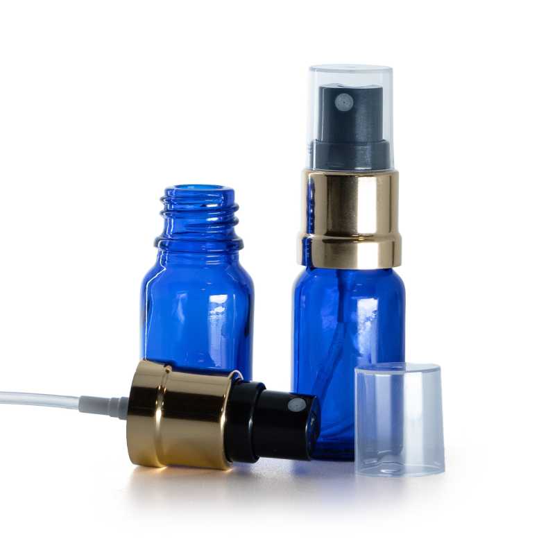 Botella de vidrio, azul, pulverizador negro dorado brillante, 10 ml