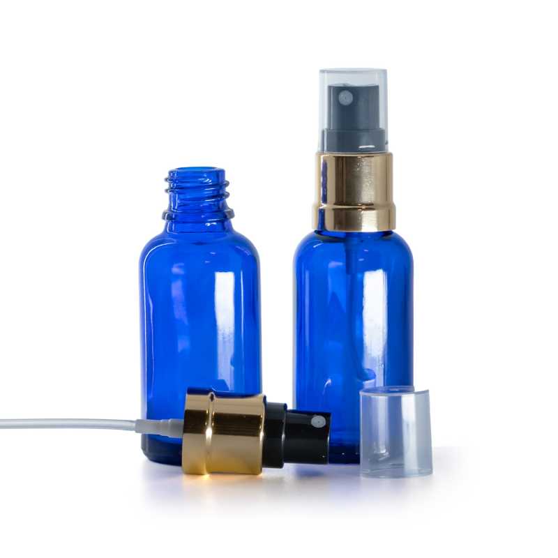 Botella de vidrio, azul, pulverizador negro dorado brillante, 30 ml