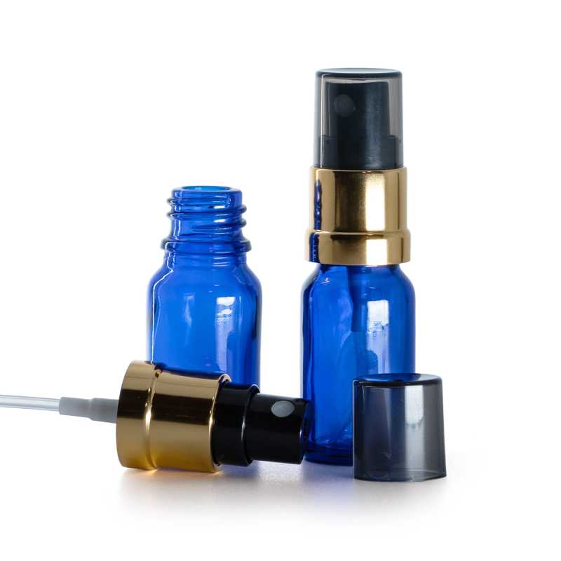 Frasco de vidrio azul, pulverizador negro y dorado, sobretapa ahumada, 10 ml