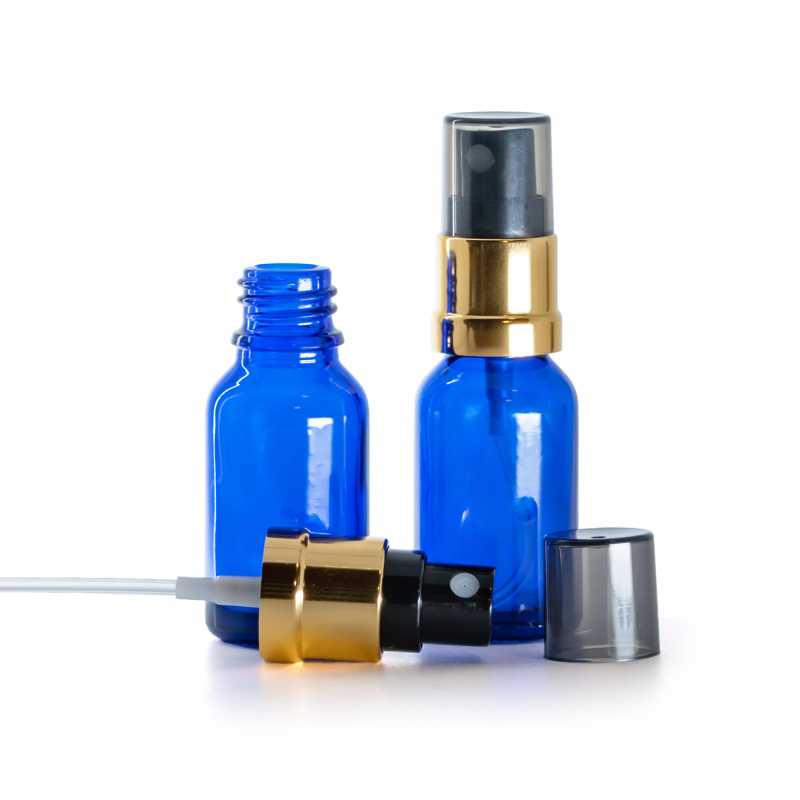 Frasco de vidrio azul, pulverizador negro y dorado, sobretapa ahumada, 15 ml