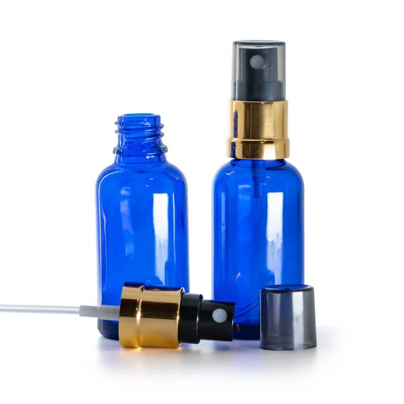 Frasco de vidrio azul, pulverizador negro y dorado, sobretapa ahumada, 30 ml