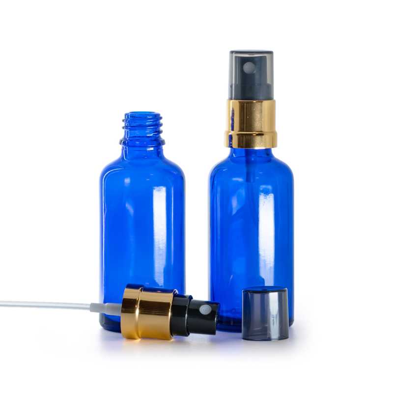 Frasco de vidrio azul, pulverizador negro y dorado, sobretapa ahumada, 50 ml