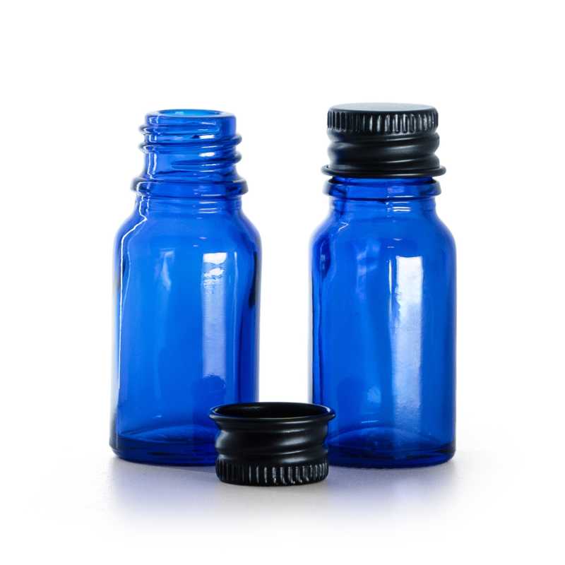 Botella de vidrio, azul, tapón de aluminio negro, 10 ml