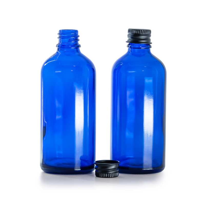 Botella de vidrio, azul, tapón de aluminio negro, 100 ml