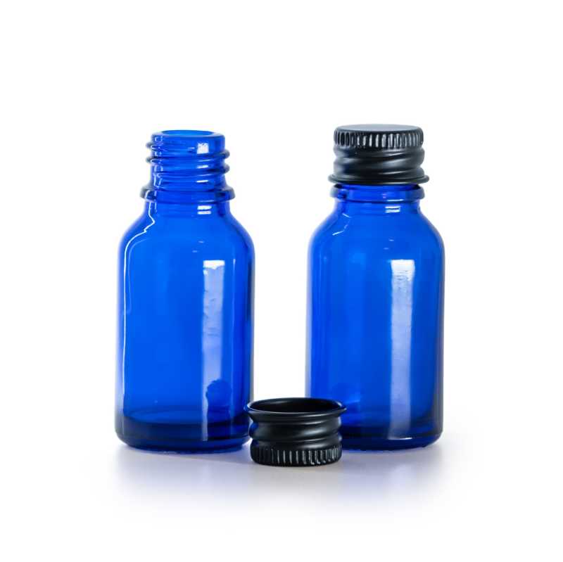 Frasco de vidrio, azul, tapón de aluminio negro, 15 ml