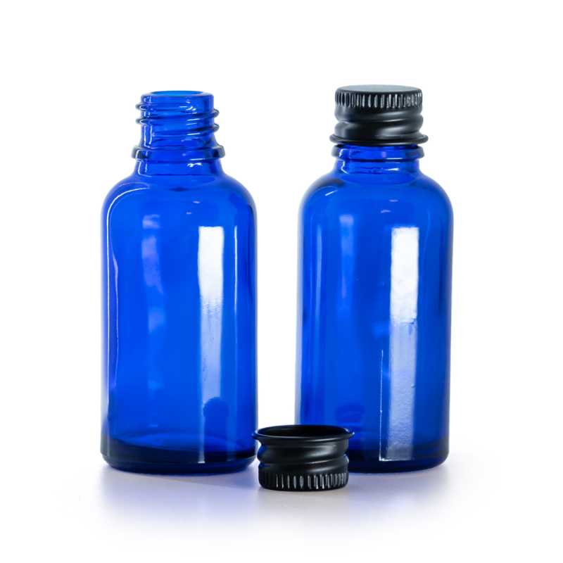 Botella de vidrio, azul, tapón de aluminio negro, 30 ml
