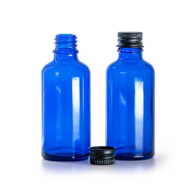 Botella de vidrio, azul, tapón de aluminio negro, 50 ml
