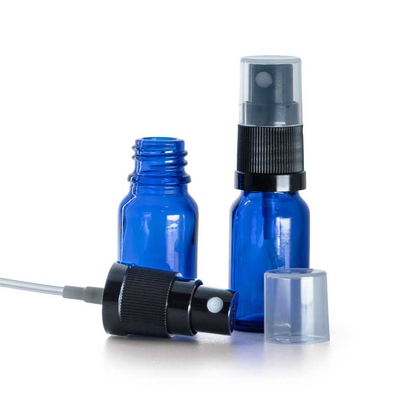 Botella de vidrio, azul, pulverizador, 10 ml