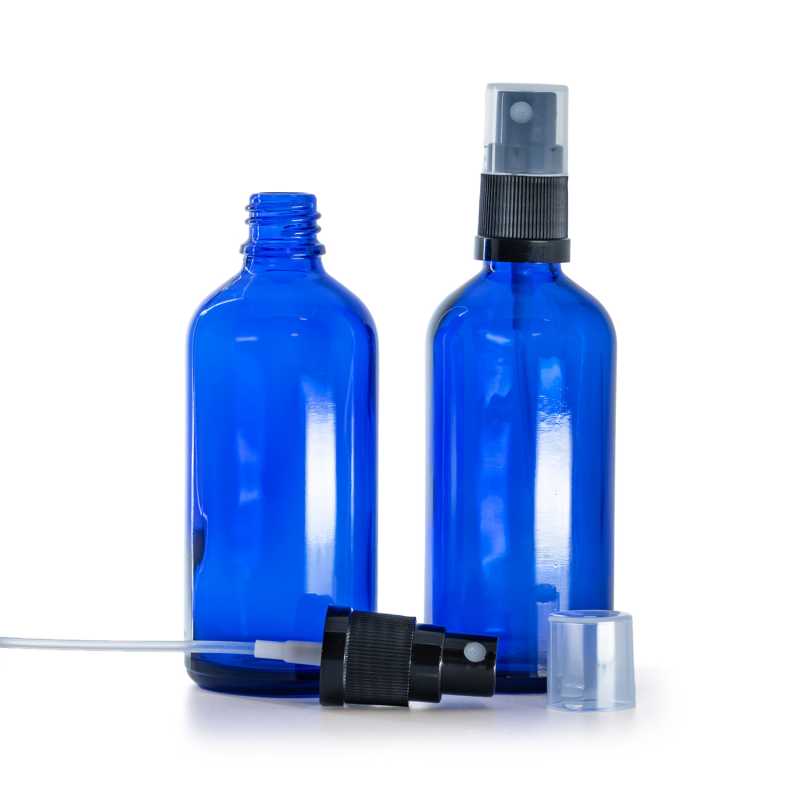 Botella de vidrio, azul, pulverizador negro, 100 ml