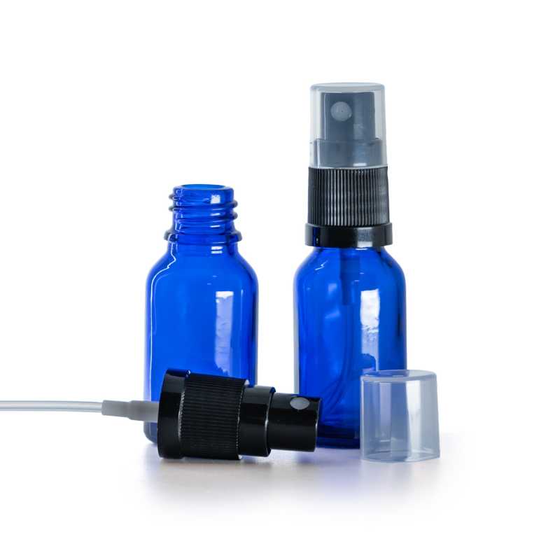 Frasco de vidrio, azul, pulverizador negro, 15 ml