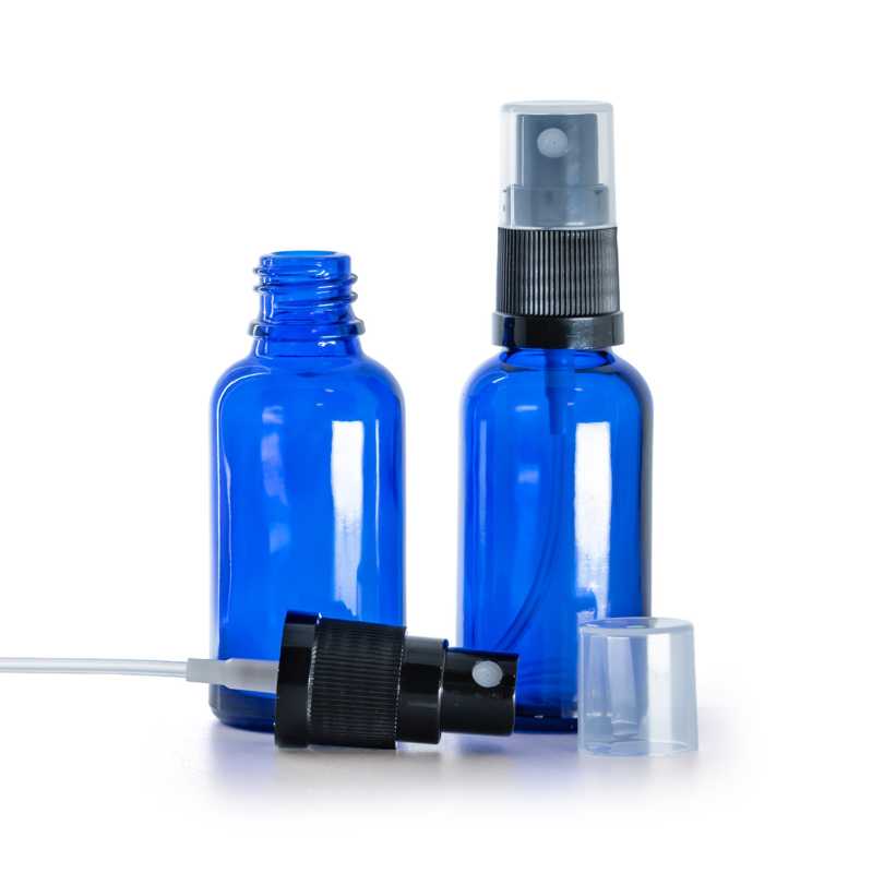 Botella de vidrio, azul, pulverizador negro, 30 ml