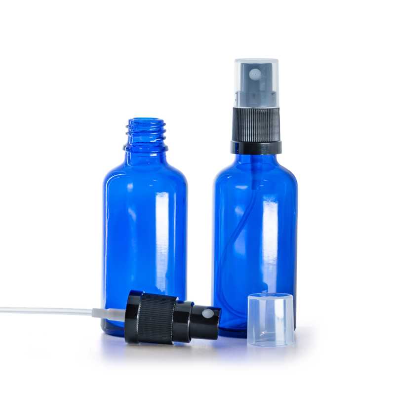 Botella de vidrio, azul, pulverizador negro, 50 ml