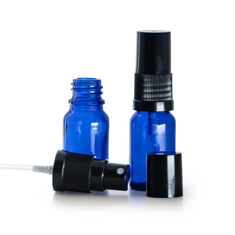 Botella de vidrio, azul, pulverizador negro, tapón negro, 10 ml