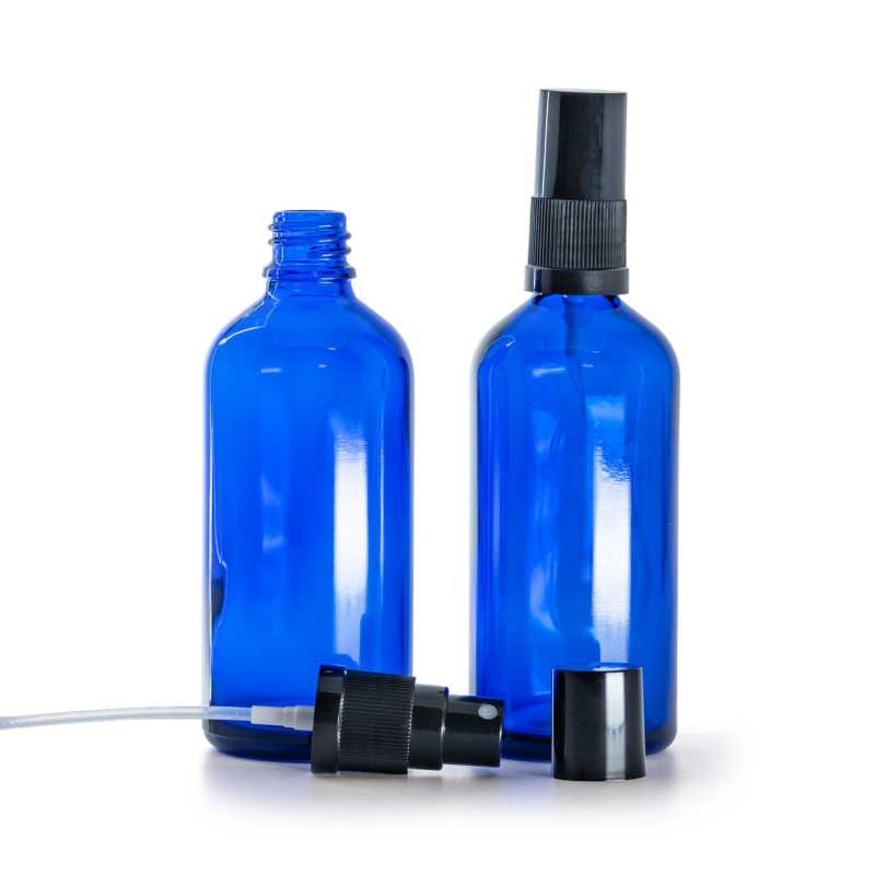 Botella de vidrio, azul, pulverizador, tapa, 100 ml