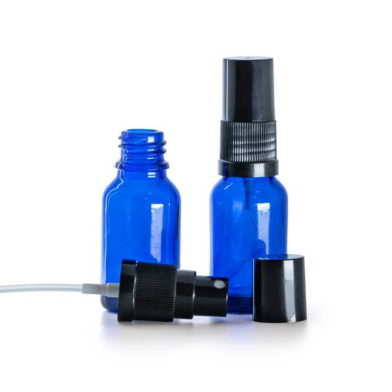 Botella de vidrio, azul, pulverizador, negro, 15 ml