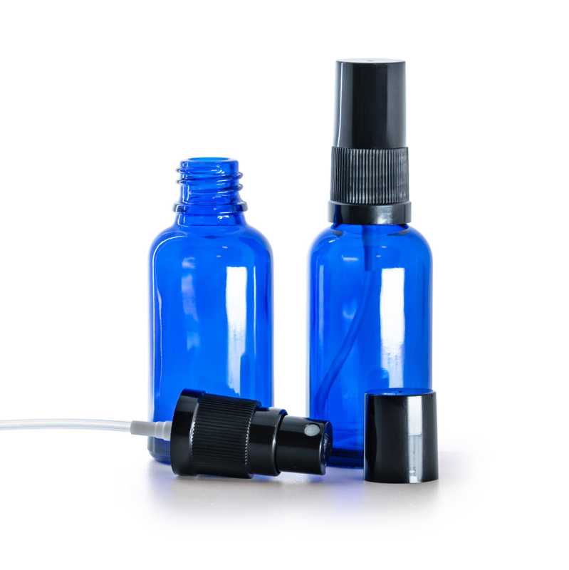 Botella de vidrio, azul, pulverizador negro, tapa negra, 30 ml