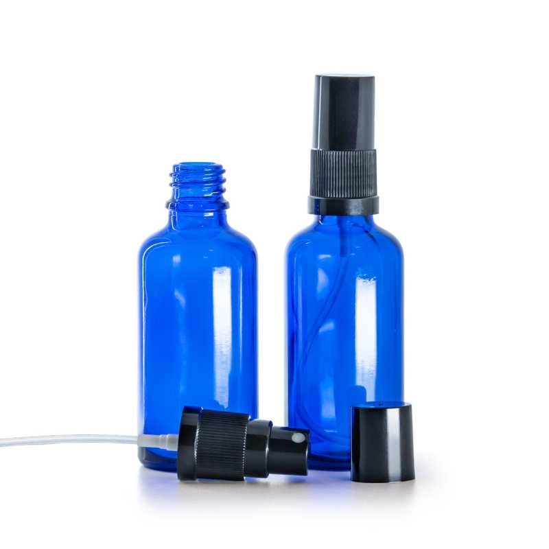 Botella de vidrio, azul, pulverizador, negro, 50 ml