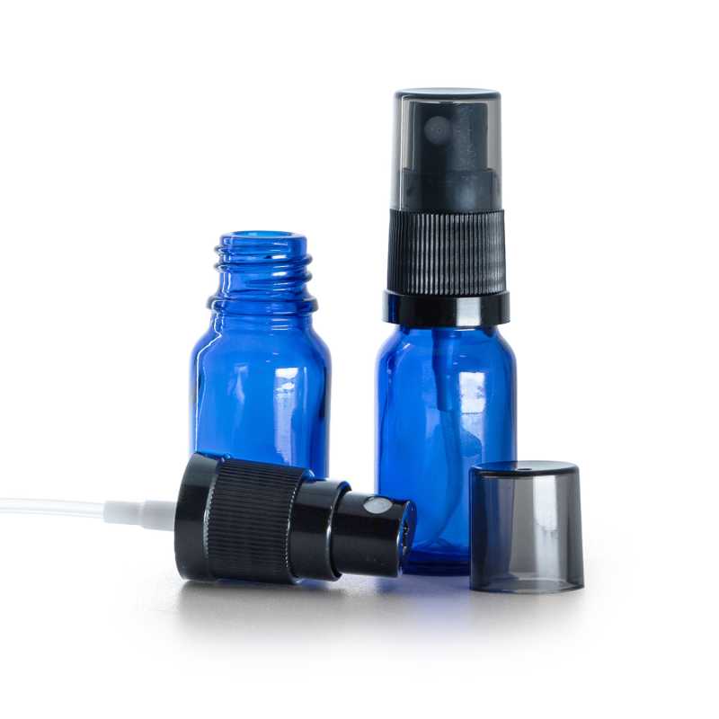 Frasco de vidrio azul, pulverizador negro de bruma fina con sobretapa ahumada, 10 ml