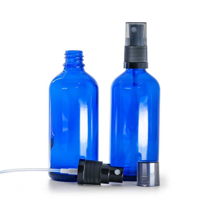 Frasco de vidrio azul, pulverizador negro, sobretapa ahumada, 100 ml