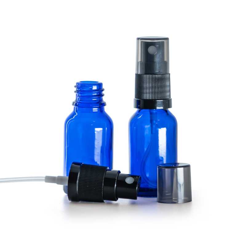 Frasco de vidrio azul, pulverizador negro, sobretapa ahumada, 15 ml