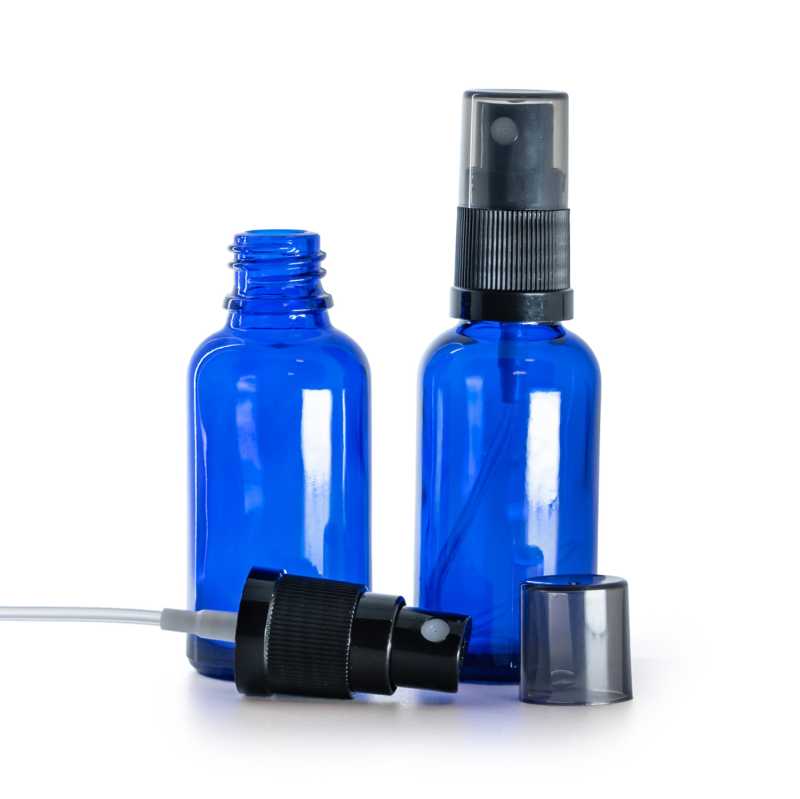 Frasco de vidrio azul, pulverizador negro, sobretapa ahumada, 30 ml