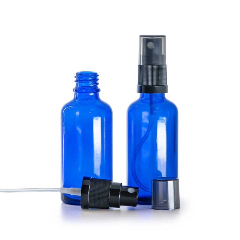 Frasco de vidrio azul, pulverizador negro de bruma fina, sobretapa ahumada, 50 ml