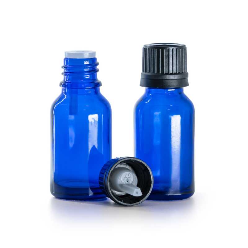 Frasco de vidrio azul, tapón negro con cuentagotas interior, 15 ml