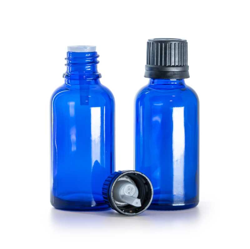 Frasco de vidrio azul, tapón negro con cuentagotas, 30 ml