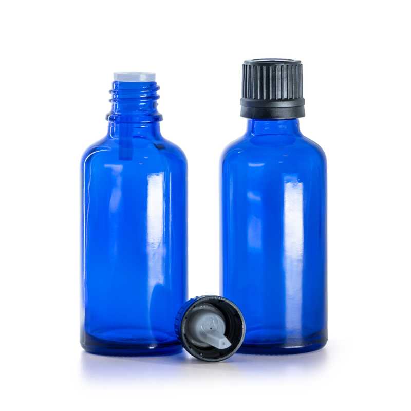 Frasco de vidrio azul, tapón negro con cuentagotas, 50 ml