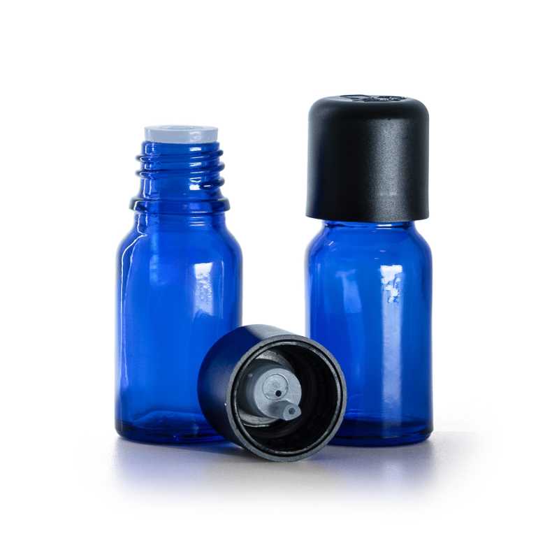 Frasco de vidrio, azul, tapón de seguridad inviolable negro con cuentagotas, 10 ml