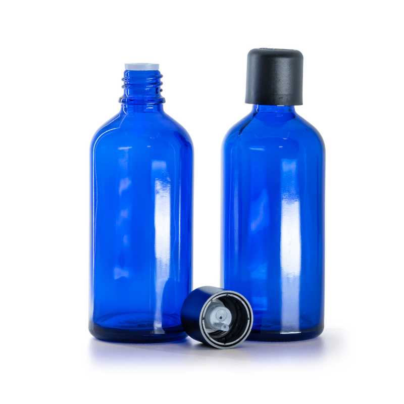Botella de vidrio, azul, tapón de seguridad negro con cuentagotas, 100 ml