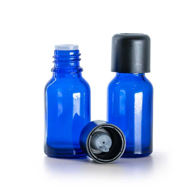 Frasco de vidrio, azul, tapón de seguridad negro con cuentagotas, 15 ml
