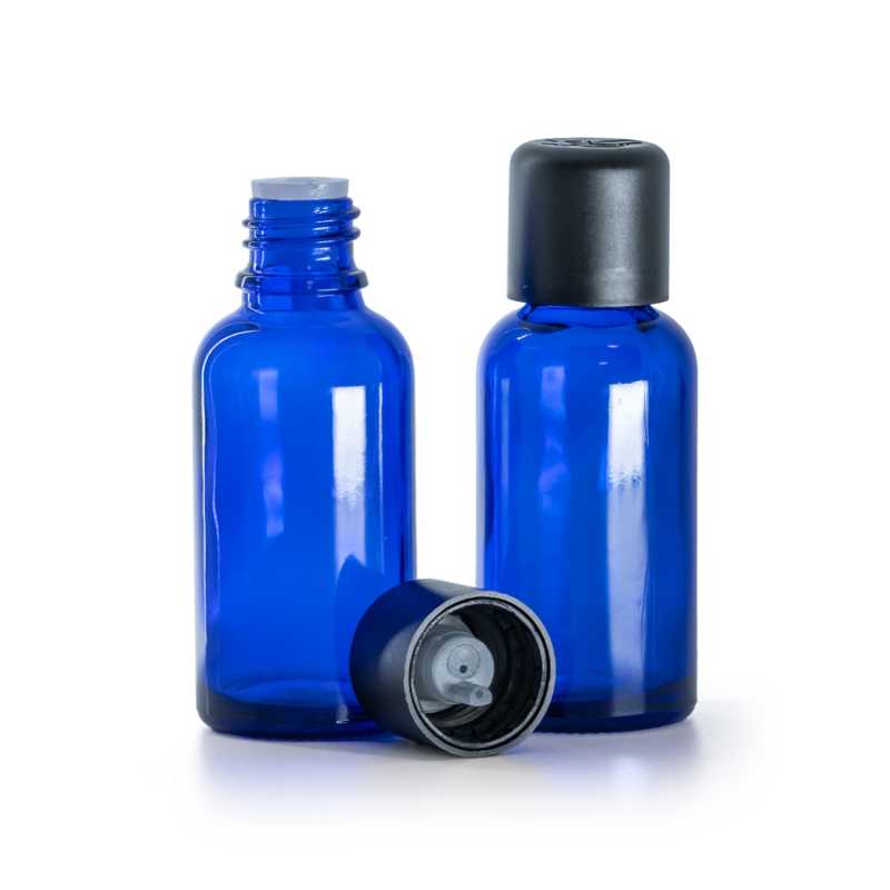 Frasco de vidrio, azul, tapón de seguridad negro con cuentagotas, 30 ml
