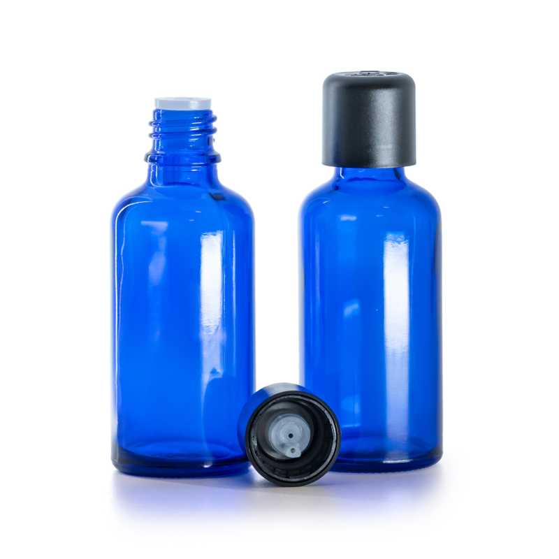 Botella de vidrio, azul, tapón de seguridad inviolable negro con cuentagotas, 50 ml