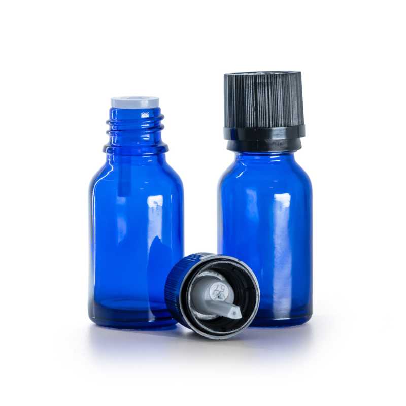 Botella de vidrio, azul, tapón de seguridad negro con cuentagotas, 15 ml