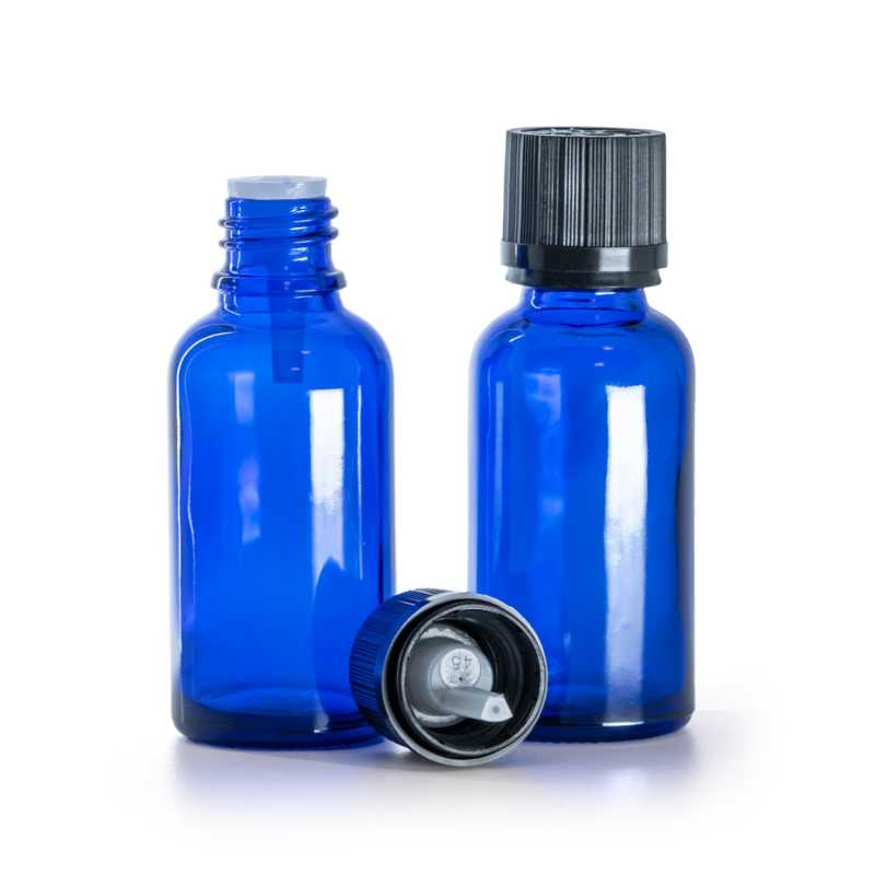 Frasco de vidrio, azul, tapón de seguridad negro con cuentagotas, 30 ml