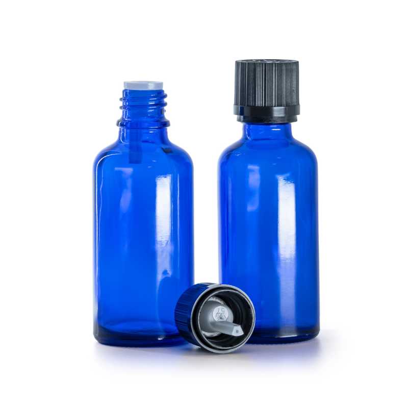Frasco de vidrio, azul, tapón de seguridad negro con cuentagotas, 50 ml