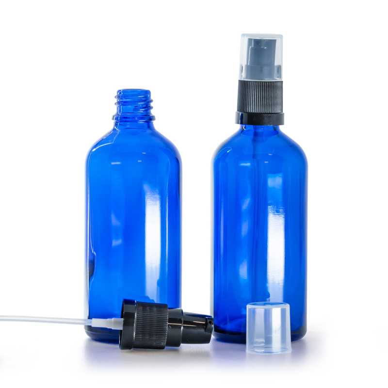 Botella de vidrio, dispensador de loción, azul, 100 ml