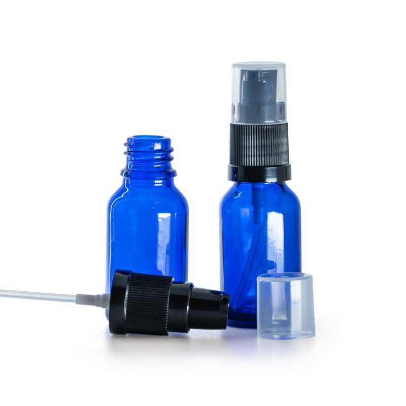 Botella de vidrio, azul, dispensador de loción, 15 ml